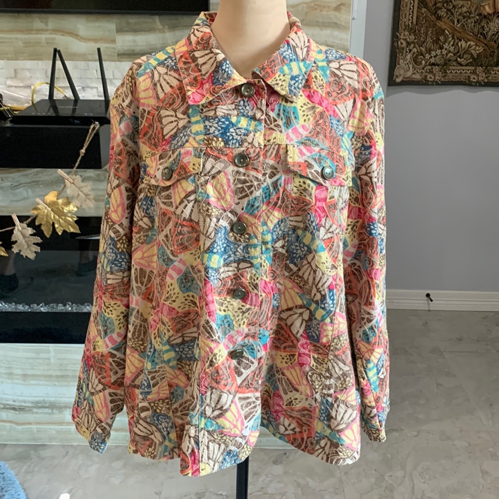 Analogy Women’s Multicolor Stretch Embroidery‎ Button Jacket. Size 3X (844)